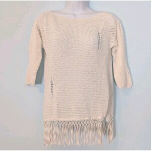 Cristina Gavioli Sweater Distressed Fringed Small Ivory Cotton Boho Hippie Italy